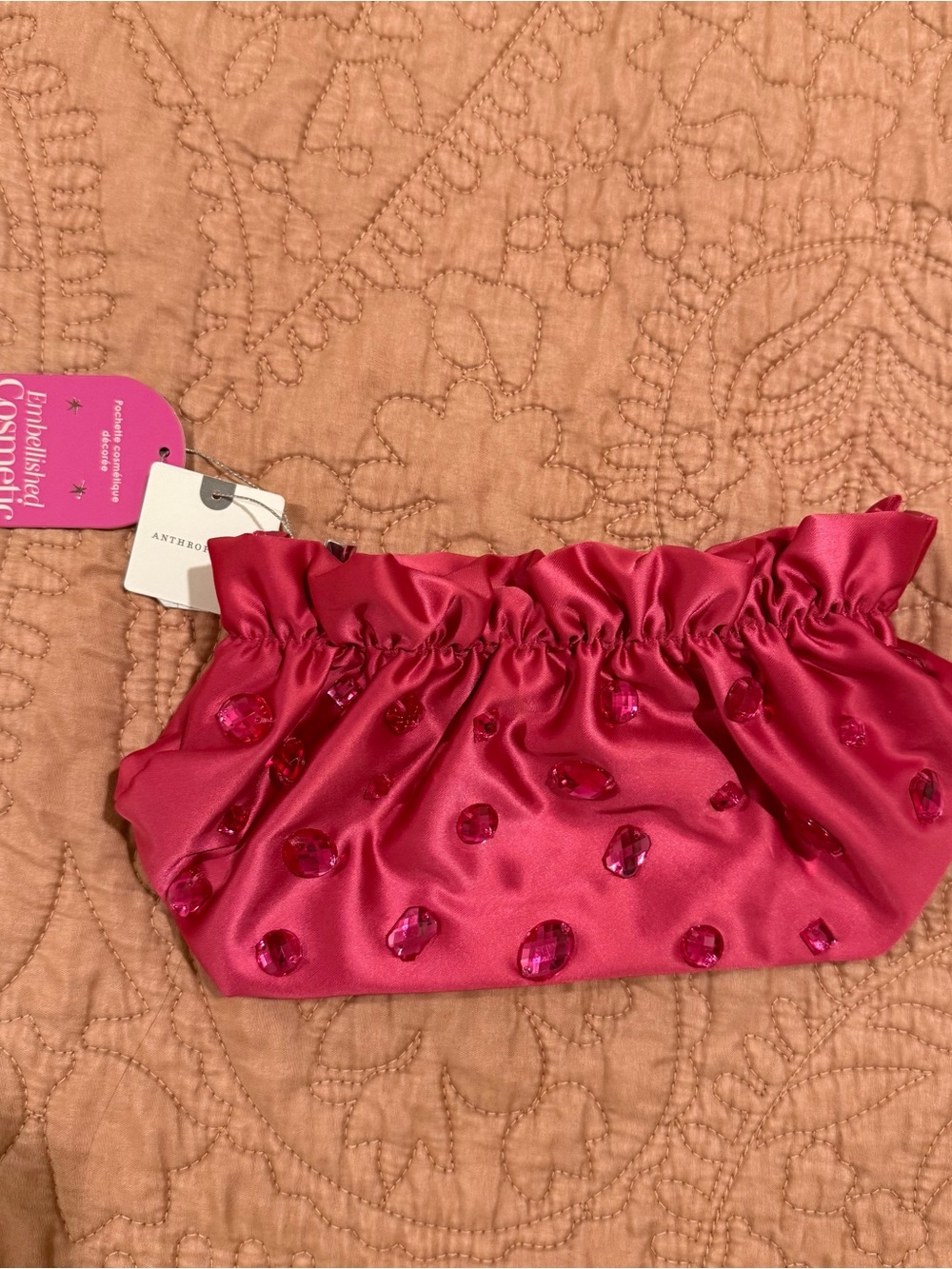 Anthropologie Pink Jeweled Satin Clutch Embellished Cosmetic Bag